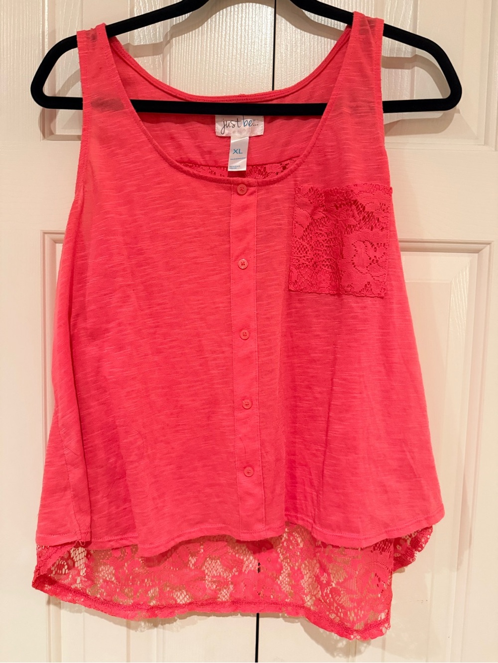 just be Women’s Hot Pink Lace Trim Button Tank Top with Front Pocket